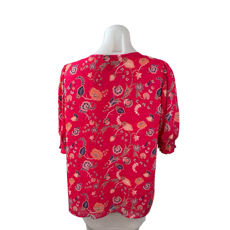 Rachel Zoe Women's Pink Red Floral Short Puff Sleeve V Neck Blouse Top Size M
