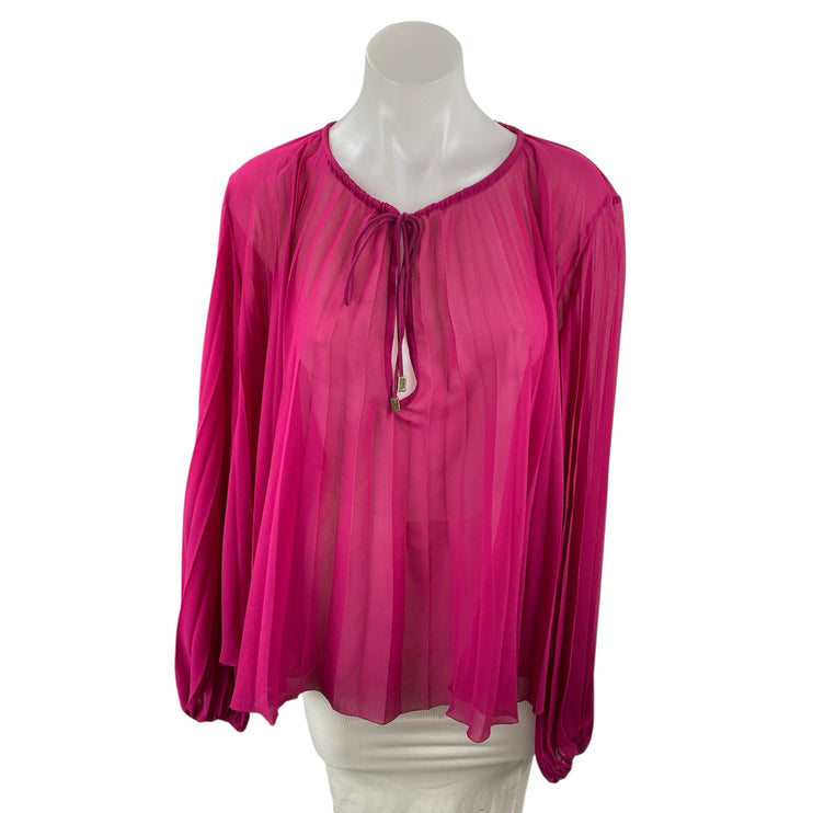 Zara Women's Pink Long Sleeve Mesh Sheer Tie Pleated Plisse Blouse Top Size S