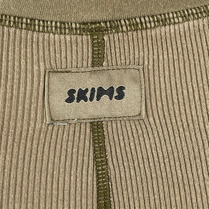 Skims Olive Green Ribbed Knit Sculpt Long Sleeve Henley T Shirt Tee Top Size XS