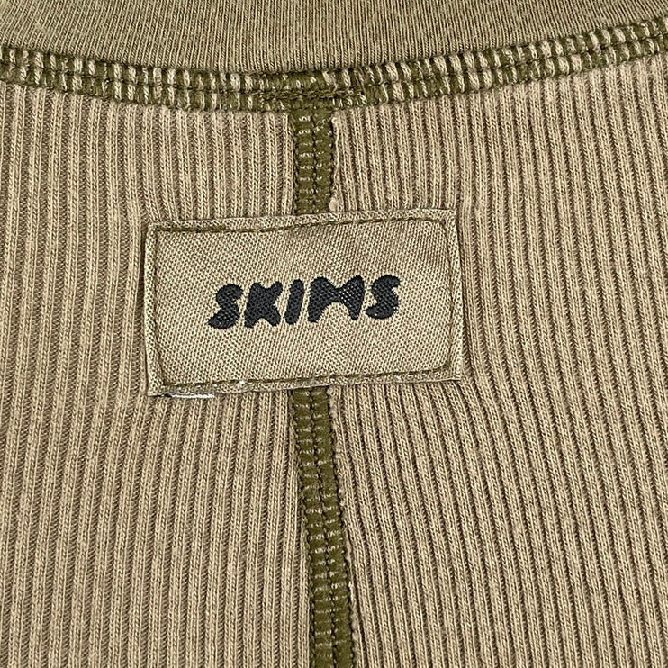 Skims Olive Green Ribbed Knit Sculpt Long Sleeve Henley T Shirt Tee Top Size XS