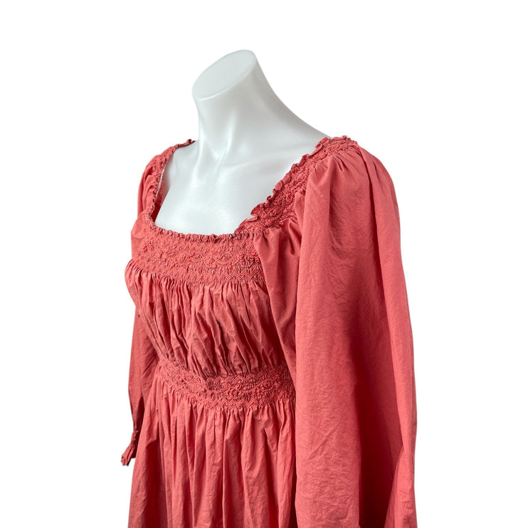 Doen Women's Pink Long Puff Sleeve Smocked Peasant Ruffle A Line Midi Dress M