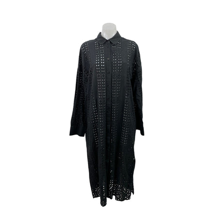 Zara Broderie Black Long Sleeve Eyelet Embroidered Collared Maxi Shirt Dress XL