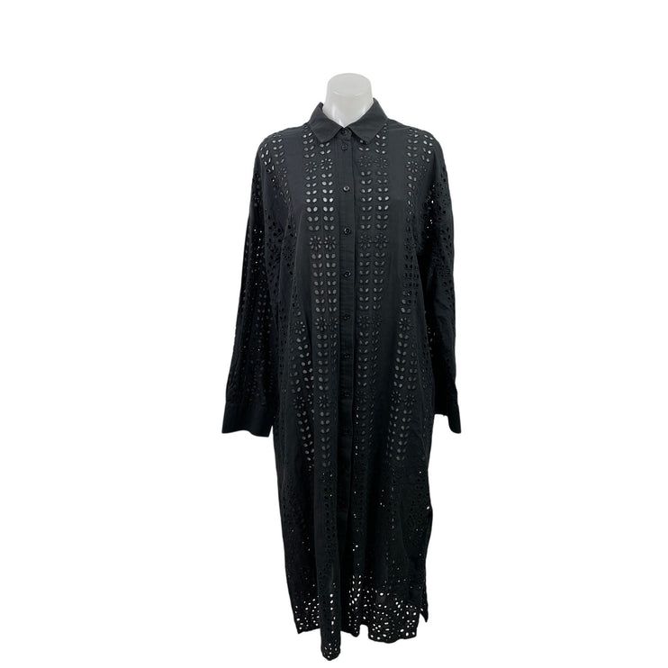 Zara Broderie Black Long Sleeve Eyelet Embroidered Collared Maxi Shirt Dress XL