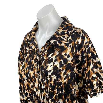 St. John Brown Silk Animal Print Collar Short Sleeve Mini Sheath Shirt Dress 10