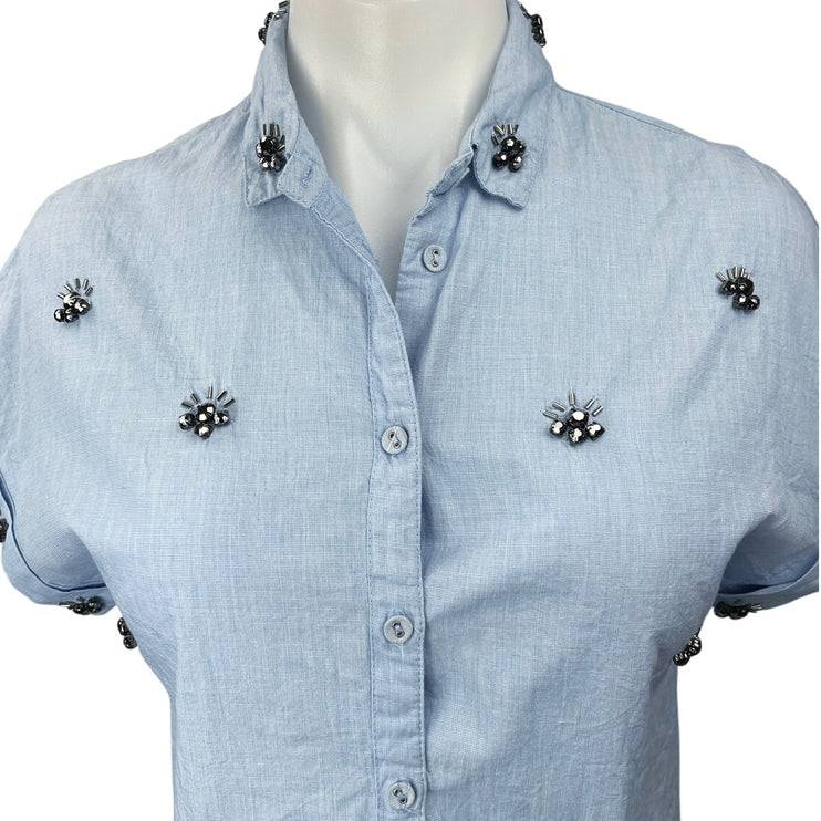 Zara Women's Basic Blue Beaded Rhinestone Chambray Button Down Shirt Top Size XS