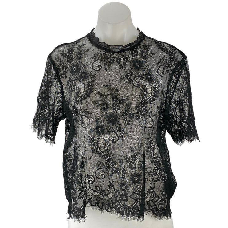 H&M Divided Black Floral Paisley Sheer Short Sleeve Lace Fringe Blouse Top Sz 8
