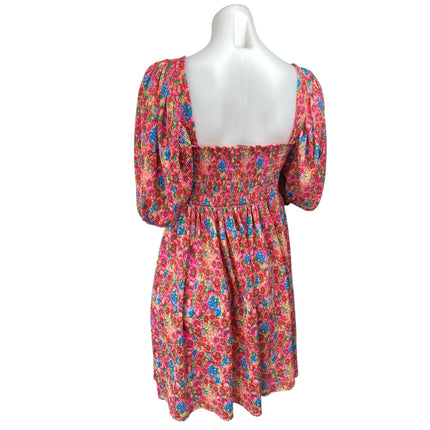 Zara Multicolor Floral Puff Sleeve Smocked Square Neck Mini Fit & Flare Dress L