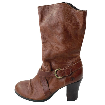 BORN Nuri Women's Brown Leather Harness Round Toe Heeled Ankle Boots Size 9