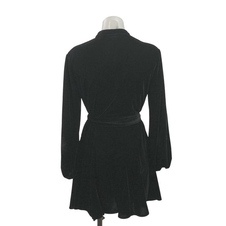 Zara Black Long Sleeve Velvet Velour Button Up Tie Waist Fit & Flare Dress S