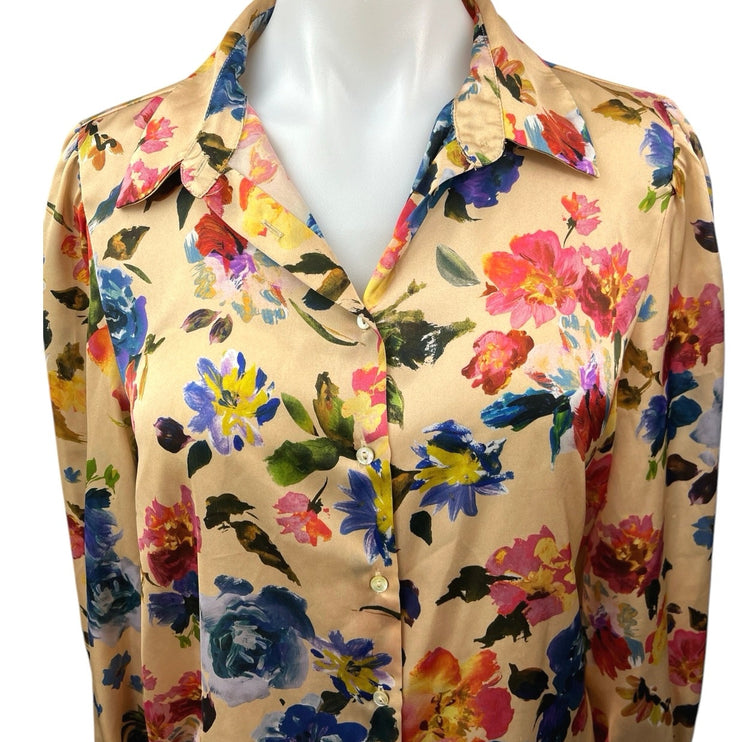 Zara Yellow Multi Floral Silk Satin Long Sleeve Button Down Shirt Top Size M