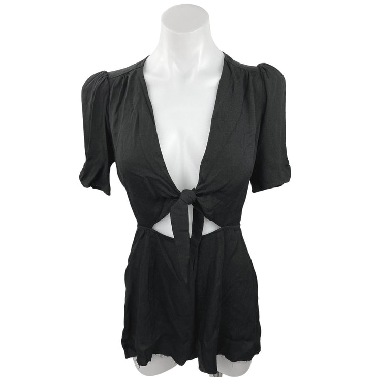 Reformation Black Cutout Plunging Neck Tie Front Puff Sleeve Mini A-line Dress 4