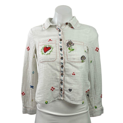 Anthropologie Pilcro Women White Embroidered Icon Button Down Shirt Top Sz XXSP