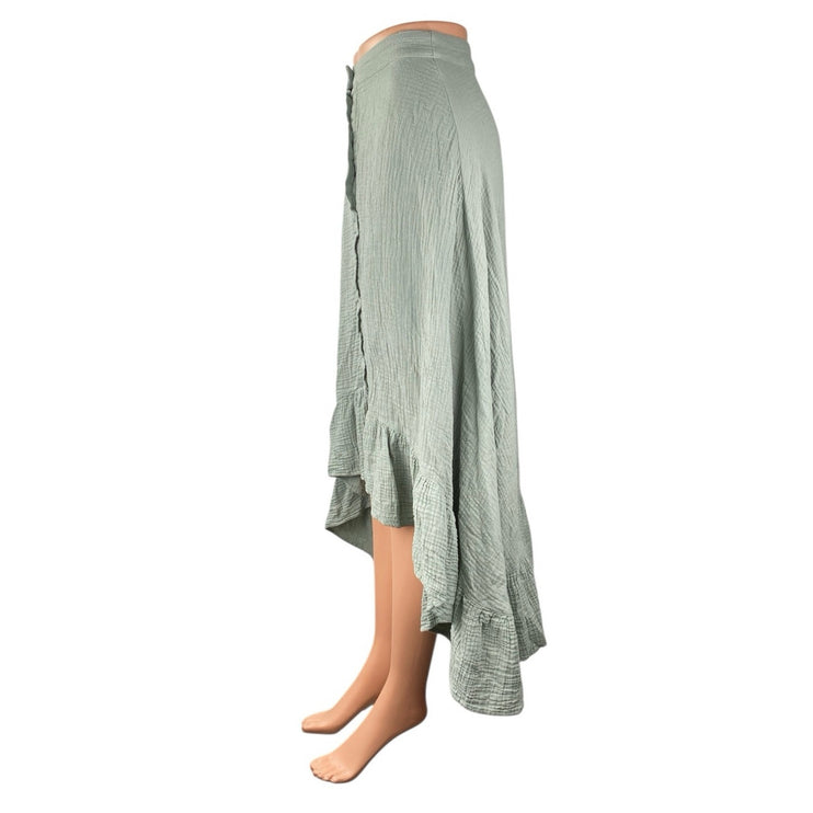 Monn Women's Green High Waisted Ruffle Button Front High Low Midi Skirt Size XS