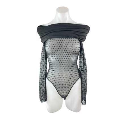 NEW Forever 21 Black Off The Shoulder Polka Dots Mesh Sheer Bodysuit Top Size XS