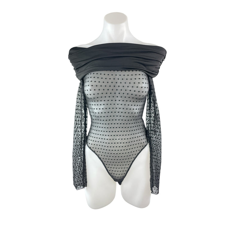 NEW Forever 21 Black Off The Shoulder Polka Dots Mesh Sheer Bodysuit Top Size XS