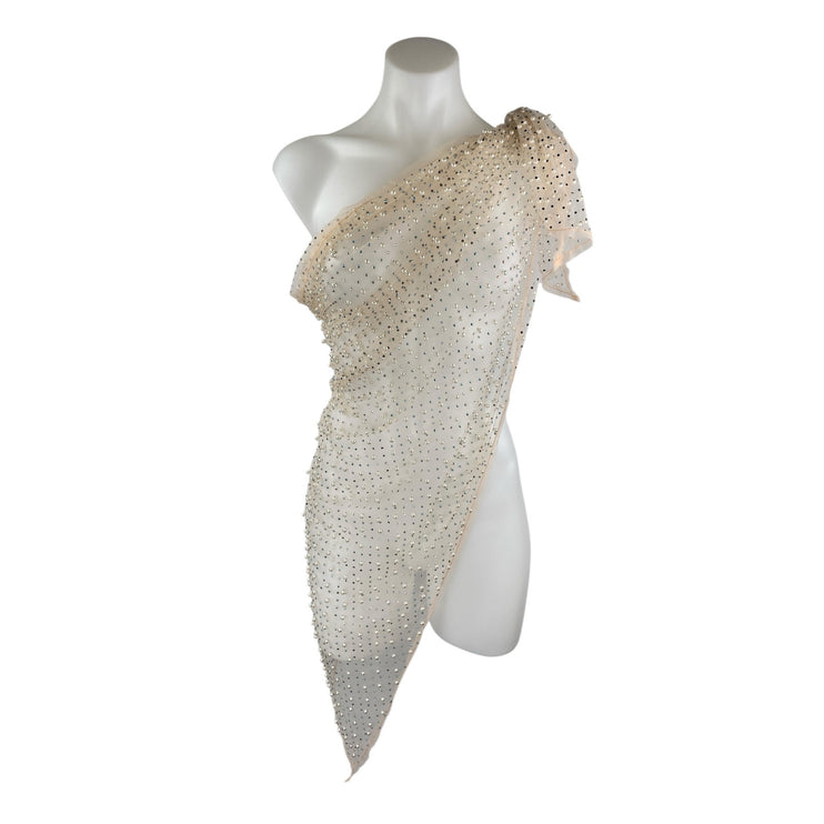 Beach Bunny Beige Pearl Beaded Rhinestone Sheer Mesh Tie Beach Cover Up One Size