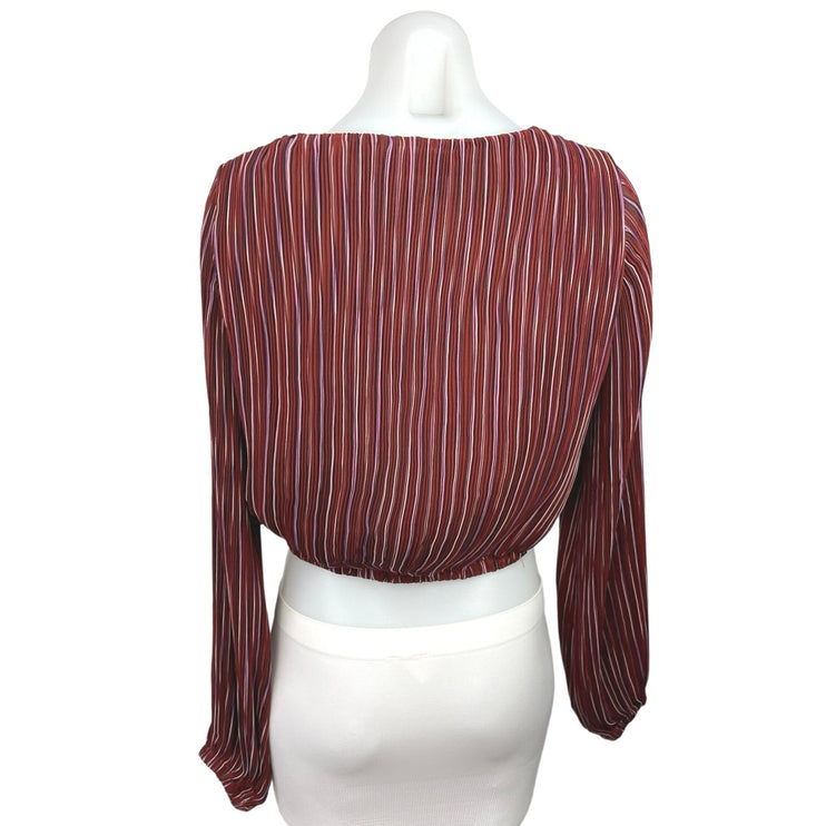 ASTR Brown Multicolor Striped Deep V Career Long Sleeve Cropped Blouse Top Sz S