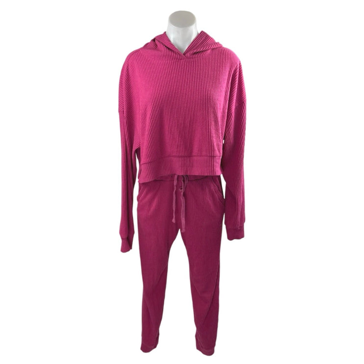 Alo Yoga Muse Women's Pink Rib Knit Hoodie Crop Sweatshirt & Sweatpants Set Sz M