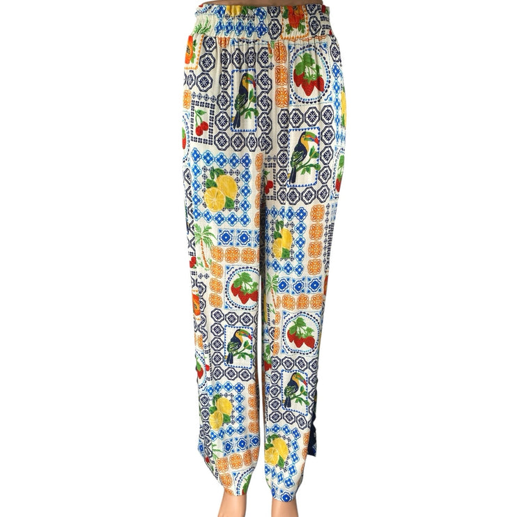 NEW Rose + Olive Framed Fruits Multicolor Wide Leg Palazzo Trousers Pants Size M