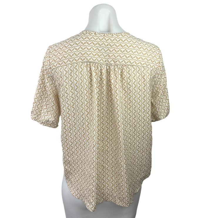 Ann Taylor Beige Geometric Print Ruffle V-Neck Geo Drape Front Blouse Top Sz S