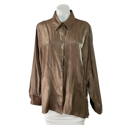NEW Zara Womens Brown Silky Satin Long Sleeve Button Down Shirt Blouse Top Sz XL