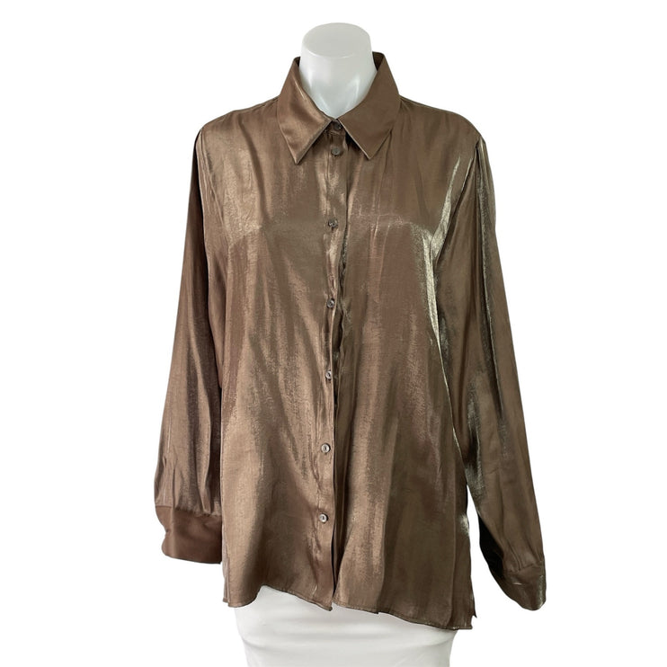 NEW Zara Womens Brown Silky Satin Long Sleeve Button Down Shirt Blouse Top Sz XL