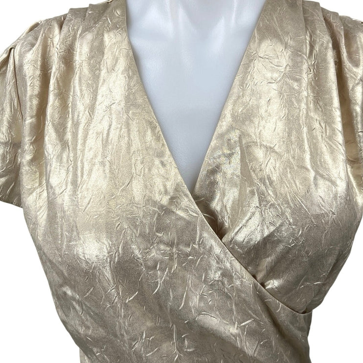 Zara Gold Metallic Faux Wrap V-neck Short Puff Sleeve Crop Blouse Top Size S