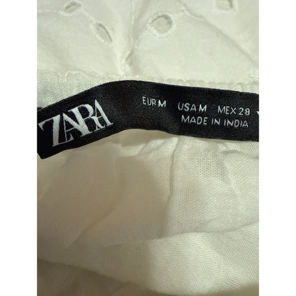 Zara Women's White Short Puff Sleeve Eyelet Embroidered Fit & Flare Mini Dress M