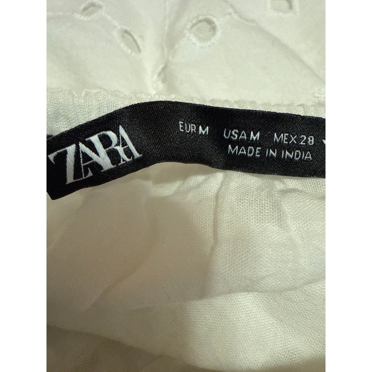 Zara Women's White Short Puff Sleeve Eyelet Embroidered Fit & Flare Mini Dress M