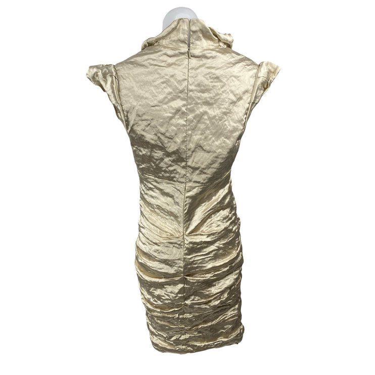 Nicole Miller Gold Metallic Cap Sleeve Surplice V Neck Ruched Mini Dress Size 12