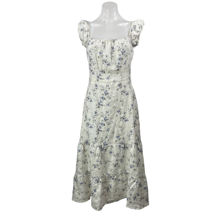 Reformation Noreen White Floral Ruffles Cap Sleeves Tiered A-line Midi Dress 10