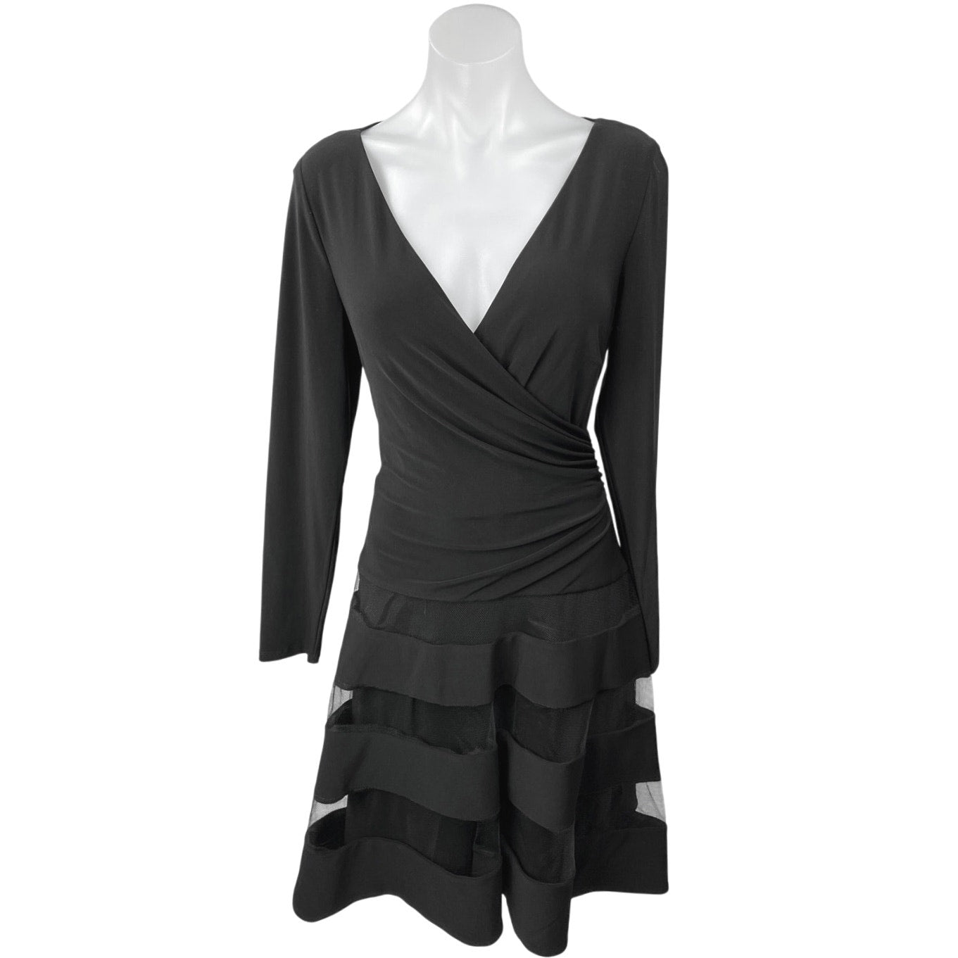 NEW LAUREN Ralph Lauren Black Tulle-Trim Faux Wrap Jersey Fit & Flare Dress 10 NEW LAUREN Ralph Lauren Black Tulle-Trim Faux Wrap Jersey Fit & Flare Dress 10