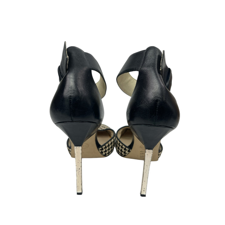 Michael Kors Black Houndstooth Pointed Toe Stiletto Heel Ankle Strap Sandals 8.5
