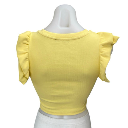 Zara Women's Yellow Rib Knit Short Ruffle Flutter Sleeve Crop Top Blouse Size S
