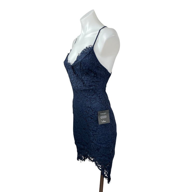 NEW Lulus Flirting With Desire Navy Blue Floral Lace Mini Bodycon Dress Size XS