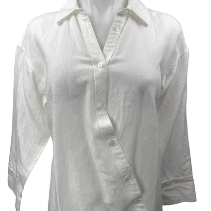NEW Madewell White Linen Asymmetric Button Up Long Sleeve Mini Shirt Dress XXS
