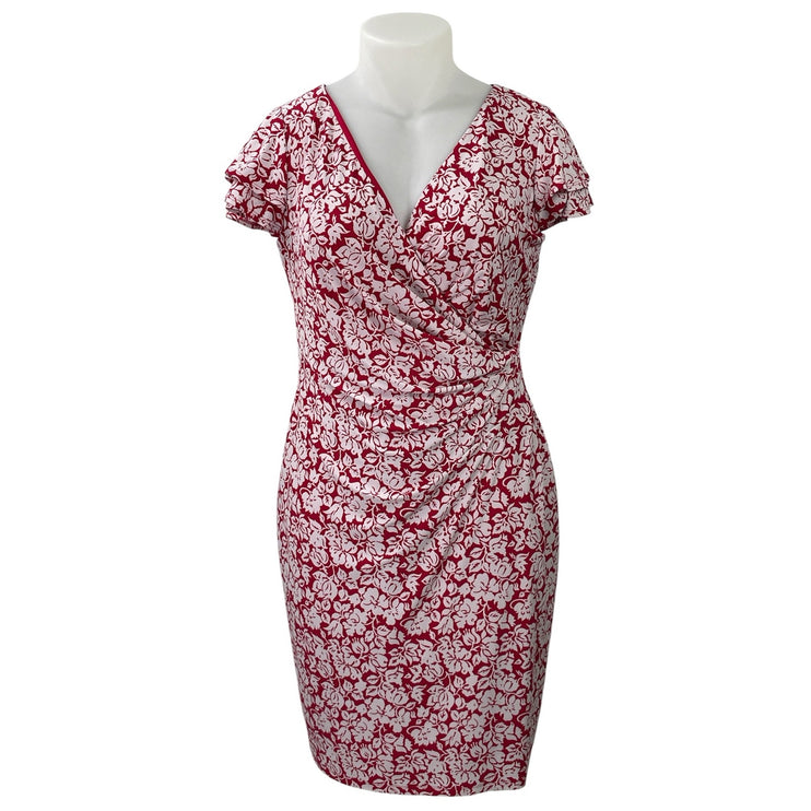 Lauren Ralph Lauren Red White Floral Flutter Sleeve Mini Faux Wrap Dress Size 12