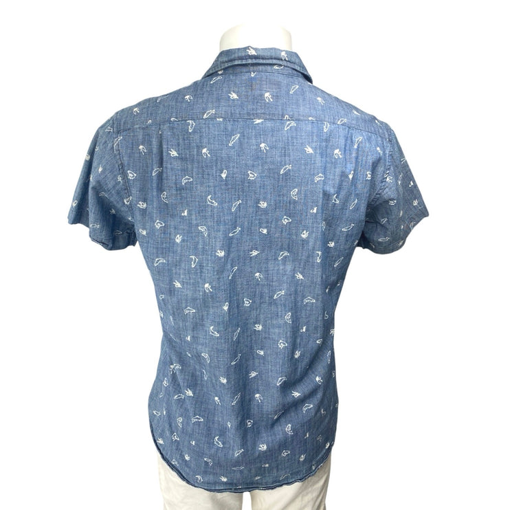 Bonobos Men's Blue Fish Print Chambray Short Sleeve Button Down Shirt Top Size M