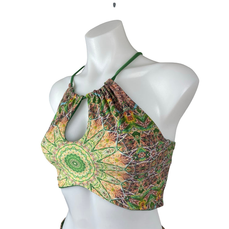Wolven Fauna Green Mandala Sleeveless Crop Tank Top Flare Trousers Pants Set L