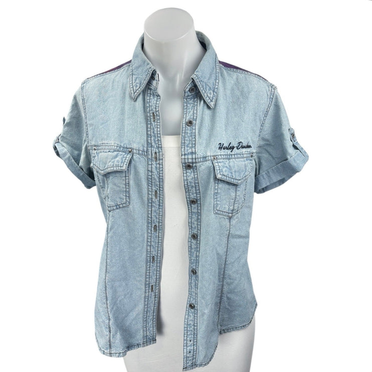 Harley Davidson Women's Upcycled Short Sleeve Graphic Print Denim Jean Shirt Top