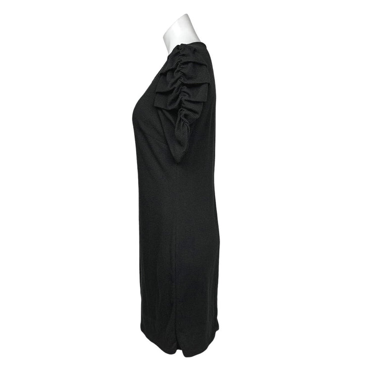 Nine West Black Ribbed Knit V-Neck Short Ruched Sleeve Mini Sheath Dress Size M