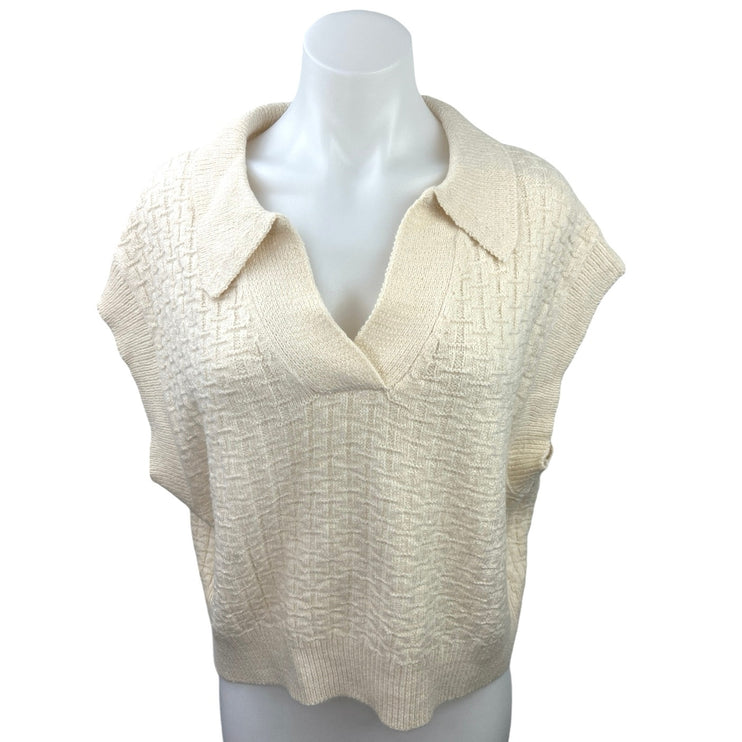 Shein Womens Cream Knitted Collared V-Neck Sleeveless Polo Sweater Vest Top Sz S