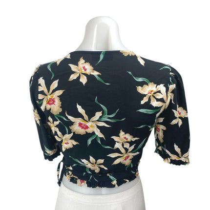 Zara Black Floral Short Sleeve V Neck Ruffle Wrap Tie Cropped Blouse Top Size S