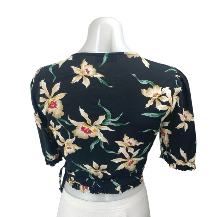 Zara Black Floral Short Sleeve V Neck Ruffle Wrap Tie Cropped Blouse Top Size S