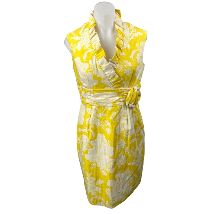 Jessica Howard Yellow Floral Ruffle Faux Wrap Sleeveless Mini Pencil Dress 10P