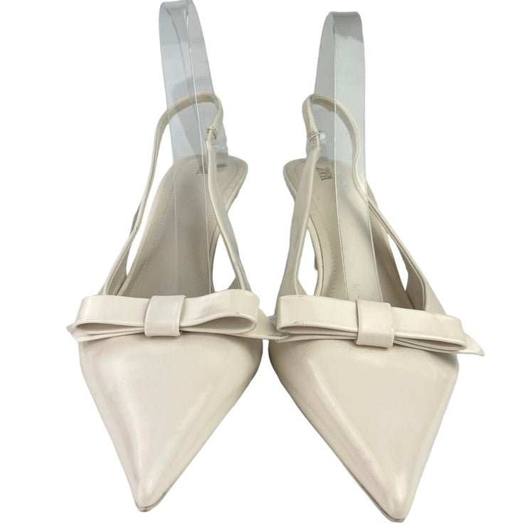 Zara Bow Trim Satin Effect White Leather Pointed Toe Slingback Heels Shoes 10