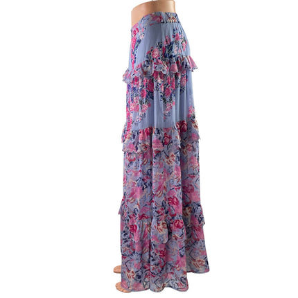 House of Harlow 1960 Purple Pink Floral Ruffle Tiered Maxi A-line Skirt Size S