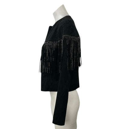 Zara Women's Black Faux Leather Suede Rhinestone Fringe Cropped Jacket Size S