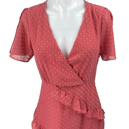 Lulus Pink Short Sleeve Swiss Dot Ruffle Tiered Faux Wrap A Line Midi Dress Sz S