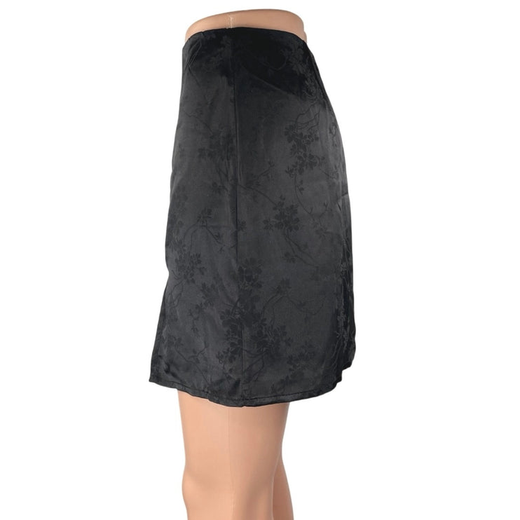 Mi Ami Black Silk Satin Floral Jacquard Slit Zipper Mini Straight Pencil Skirt M